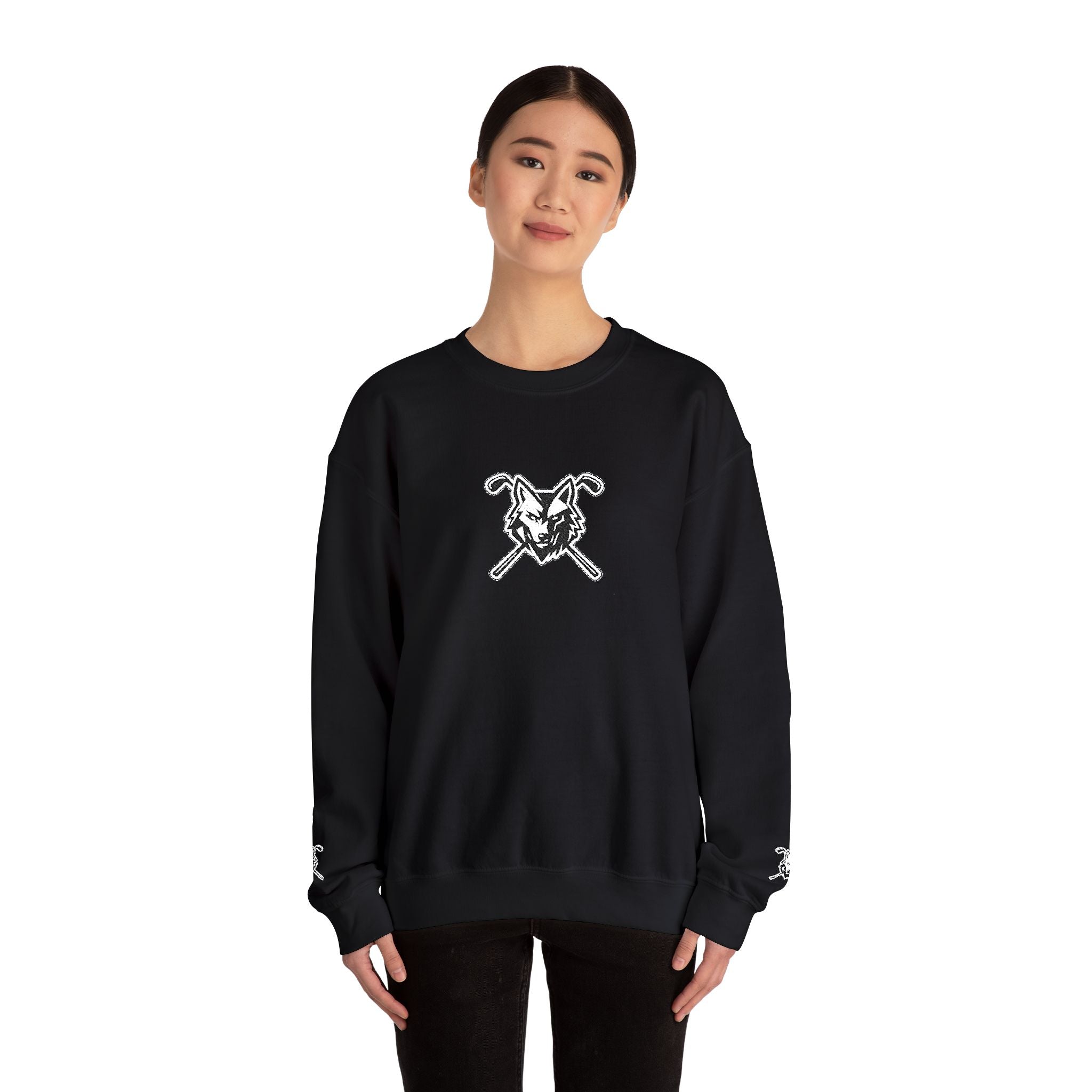 Crewneck Unisex Sweatshirt - Minimal Black Wolf Crossed Clubs Graphic