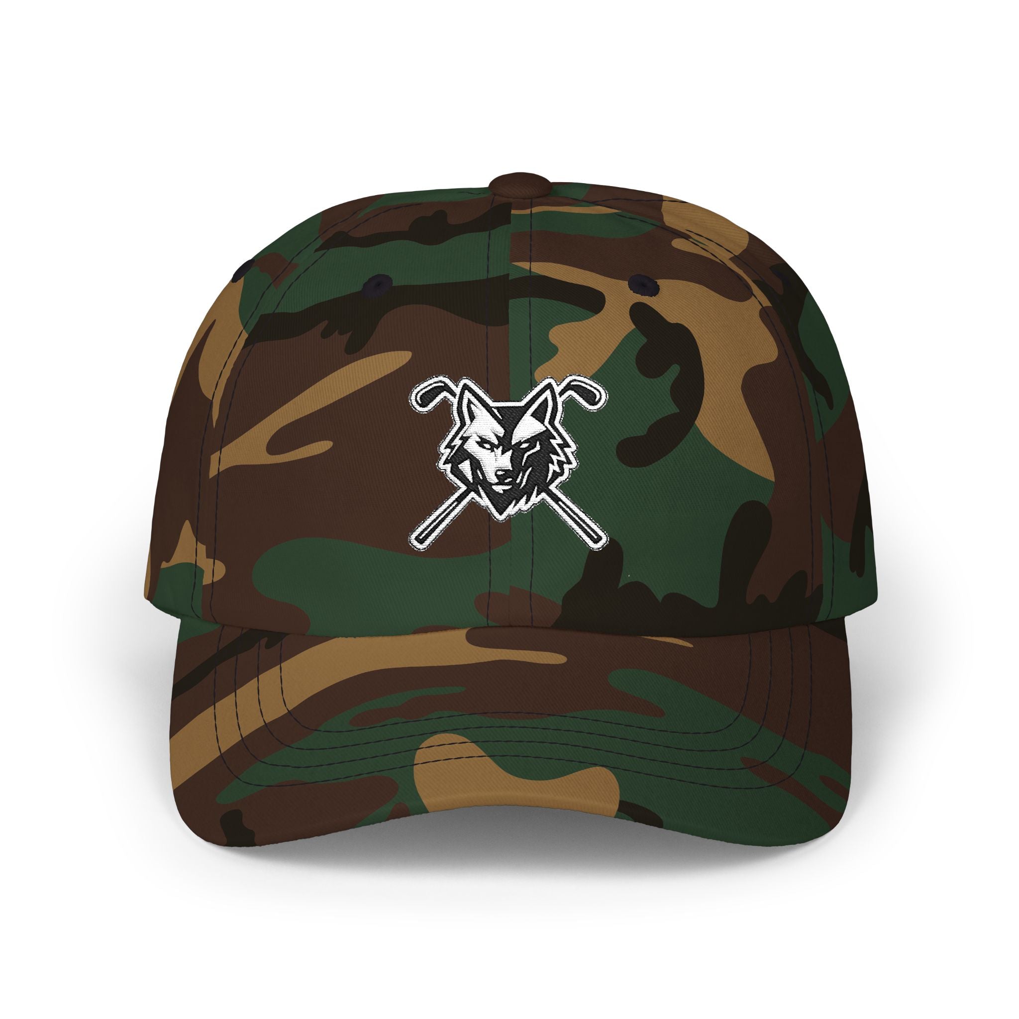 Dad Cap with Crossed Clubs Wolf Patch - Outdoor Golf Hat