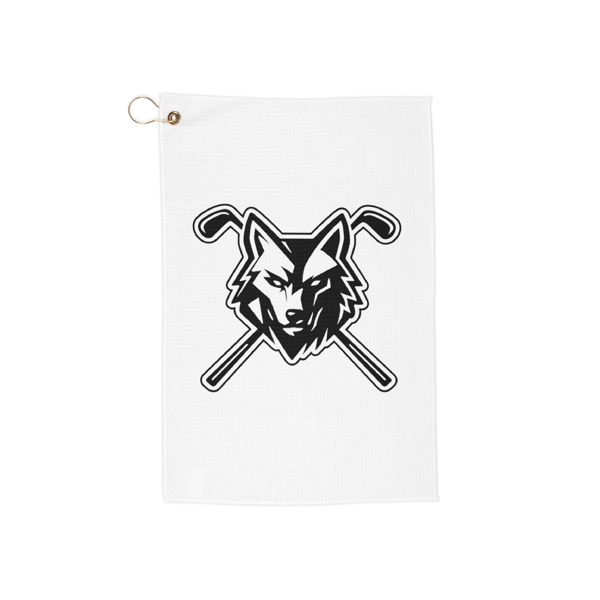 Lone Wolf Golf Towel - Black Wolf Head with Crossed Clubs Golfing Towel