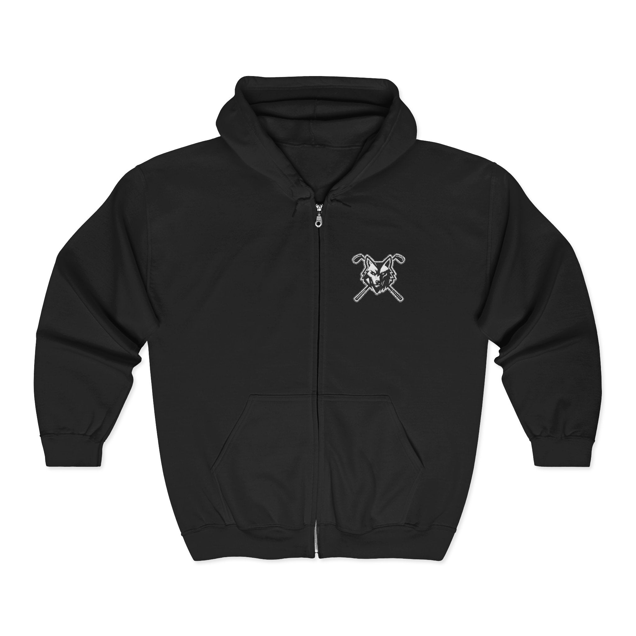 Wolf & Crossed Clubs Zip Hoodie - Unisex Black Full-Zip Sweatshirt