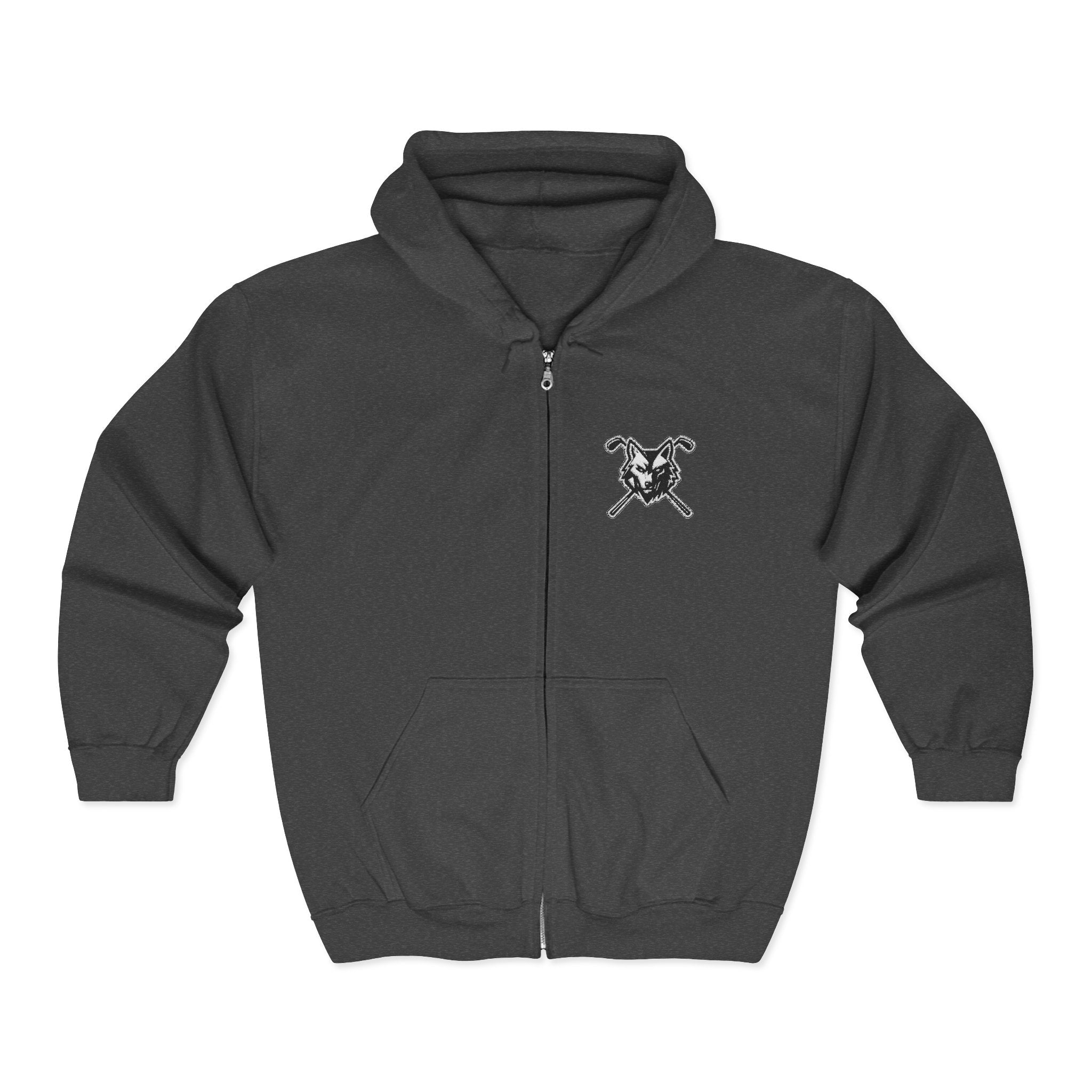 Wolf & Crossed Clubs Zip Hoodie - Unisex Black Full-Zip Sweatshirt