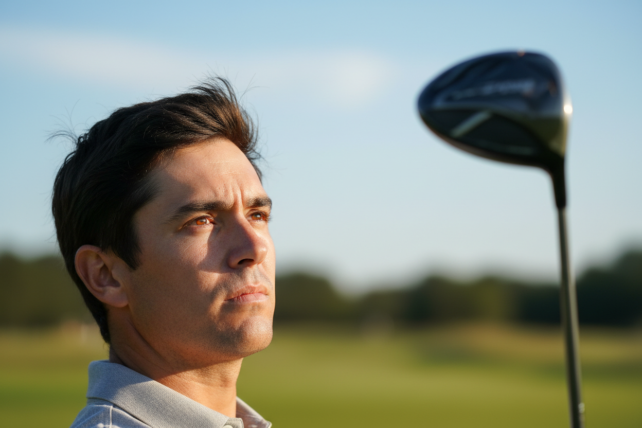 golfers face with swing follow through